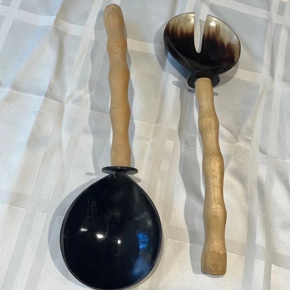 Pair of 11” Horn and Wood Serving Spoons